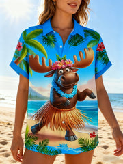 Women's Moisture-wicking Canadian Ombre Moose Beach Chest Pocket Hawaiian Shirt