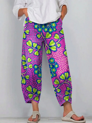 Women's Vintage Floral Pattern Art Print Casual Denim Pants