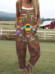 Women's Funny Bee Art Print Casual Cotton Wide Leg Jumpsuit