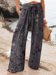 Women's Floral Art Printed Cotton And Linen Casual Pants