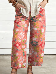 Women's Vintage Flower Art Print Casual Trousers With Pockets