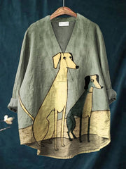 Women's Abstract Art Dog Print Casual Cotton And Linen V-neck Shirt