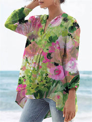 Women's Flower Print Casual Linen V-neck Shirt