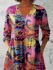Women's Art Geometric Floral Print V-Neck Top