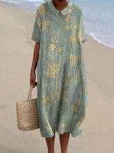 Women's Vintage Lovely Floral Art Print Casual Pocket Linen Dress(Convertible Dress With Front And Back Option)