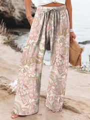 Women's Vintage Flowers Art Printed Cotton And Linen Casual Pants