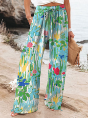 Women's Vintage Flowers Art Printed Cotton And Linen Casual Pants