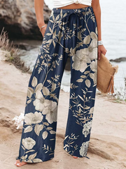 Women's Vintage Flowers Art Printed Cotton And Linen Casual Pants