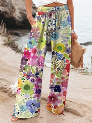 Women's Vintage Flowers Art Printed Cotton And Linen Casual Pants