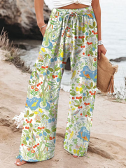 Women's Vintage Flowers Art Printed Cotton And Linen Casual Pants