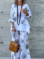 Women's Round Neck 3/4 Sleeves Abstract Pattern Print Casual Cotton and Linen Fake Two-piece Splicing Top Elastic Waist Casual Cotton and Linen Wide-leg Pants Set