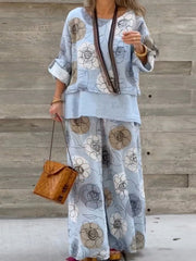 Women's Round Neck 3/4 Sleeves Abstract Pattern Print Casual Cotton and Linen Fake Two-piece Splicing Top Elastic Waist Casual Cotton and Linen Wide-leg Pants Set