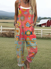 Women's Vintage Art Print Casual Cotton Linen Wide Leg Jumpsuit