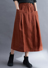 Caramel Pockets Patchwork Linen Skirts Wrinkled Summer