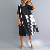 Black Natural Cotton Dress Casual Casual Dress Fine Short Sleeve O Neck Cotton Dress