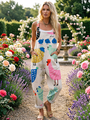 Women's Vintage Funny Chicken Art Print Casual Cotton Wide Leg Jumpsuit