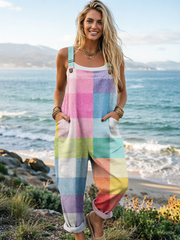 Women's Colorful Art Plaid Print Casual Cotton Linen Wide Leg Jumpsuit