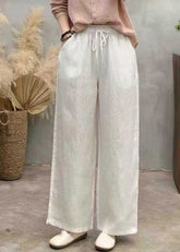 Loose White Pockets Tie Waist Solid Linen Wide Leg Pants Summer