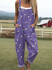 Women's Bee Art Print Casual Cotton Wide Leg Jumpsuit