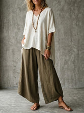 Women's Simple Loose Color-block Simple Cotton-linen Set