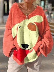 Retro Dog Art Print Casual Pullover Sweater
