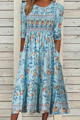 Round Neck Graphic Floral Print Half Sleeves Midi Dress