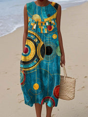 Women's Abstract Geometric Pattern Art Print Casual Cotton Linen Wide Leg Jumpsuit