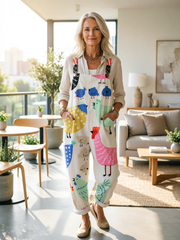 Women's Vintage Funny Chicken Art Print Casual Cotton Wide Leg Jumpsuit