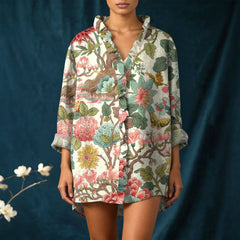 Women's Vintage Floral Art Print Casual Cotton And Linen Ruffle Shirt