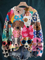 V-neck Women's Cartoon Flower Shirt for Puppies Print Long Sleeve Sweater