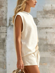 Women's Retro Color-block Sleeveless Round Neck Cotton And Linen T-shirt And Shorts Set