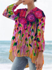 Women's Flower Print Casual Linen V-neck Shirt