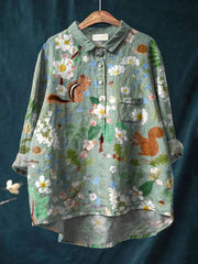 Women's Vintage Lovely Woodland Animals Art Print Casual Cotton And Linen Shirt