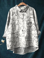 Women's Simple Black and White Line Puppy Print Casual Cotton And Linen Shirt