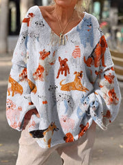 Retro Dog Art Print Casual Pullover Sweater