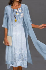 Floral Print Half Sleeves Two Piece Midi Dress