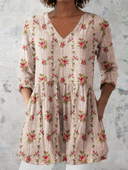 Women's Retro Floral Art Print Casual V-neck Top