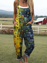 Women's Vintage Abstract Geometric Art Print Casual Wide Leg Jumpsuit