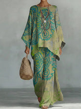 Women's Vintage Floral Art Comfortable Loose Cotton Linen Wide-leg Pants Two-piece Set