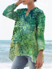 Women's Flower Print Casual Linen V-neck Shirt