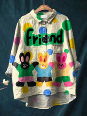 Vintage Lovely Rabbits Friend Art Print Casual Cotton And Linen Shirt