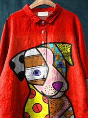 Pop Art Style Puppy Dog Graphic Printed Women's Casual Cotton And Linen Shirt