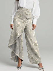 Women's Vintage Flower Patterns Print High-waisted Relaxed Fit Wide-leg Jeans With A Stylish Design