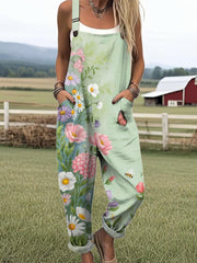 Women's Lovely Floral Butterfly Pattern Art Print Casual Wide Leg Jumpsuit