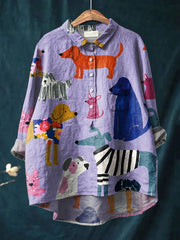 Women's Dog Art Print Casual Cotton And Linen Shirt