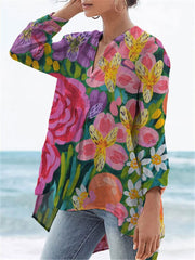 Women's Flower Print Casual Linen V-neck Shirt