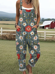 Women's Vintage Flower Art Print Casual Cotton Wide Leg Jumpsuit