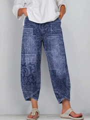 Women's Vintage Floral Pattern Art Print Casual Denim Pants