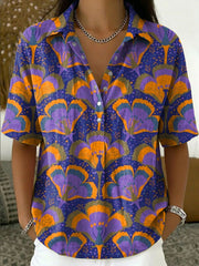 Women's Vintage Botanical Floral Casual Polo Collar Short-sleeved Linen And Cotton Shirt