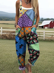 Women's Patchwork Floral Art Print Casual Cotton Wide Leg Jumpsuit